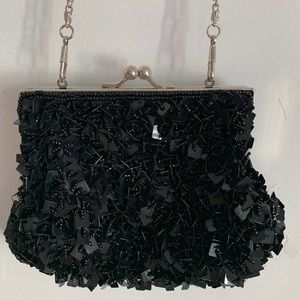 Vintage Black Satin Beaded Crossbody
